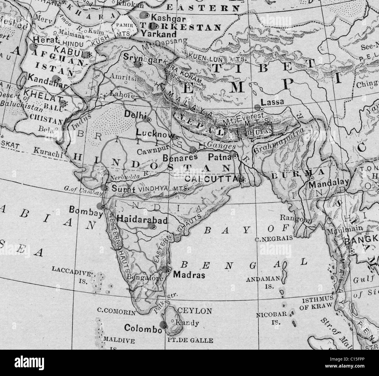 Alte Karte von Indien aus original Geographie Lehrbuch, 1884 Stockfoto