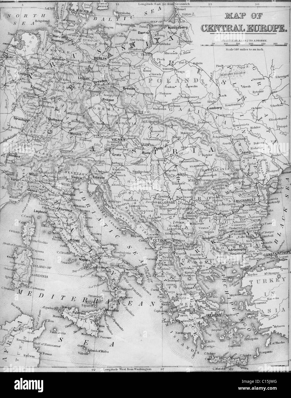 Alte Karte von Mitteleuropa aus original Geographie Lehrbuch, 1879 Stockfoto