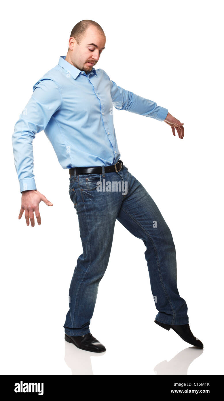 kaukasischen Mann sich langsam bewegen, auf weißem Hintergrund Stockfoto