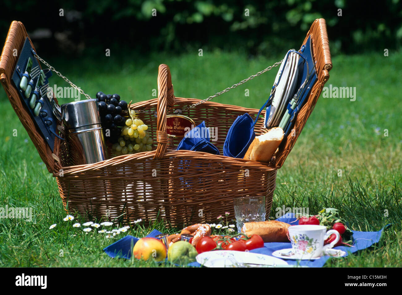 Picknick-Korb im englischen Garten in München, Bayern, Deutschland, Europa Stockfoto