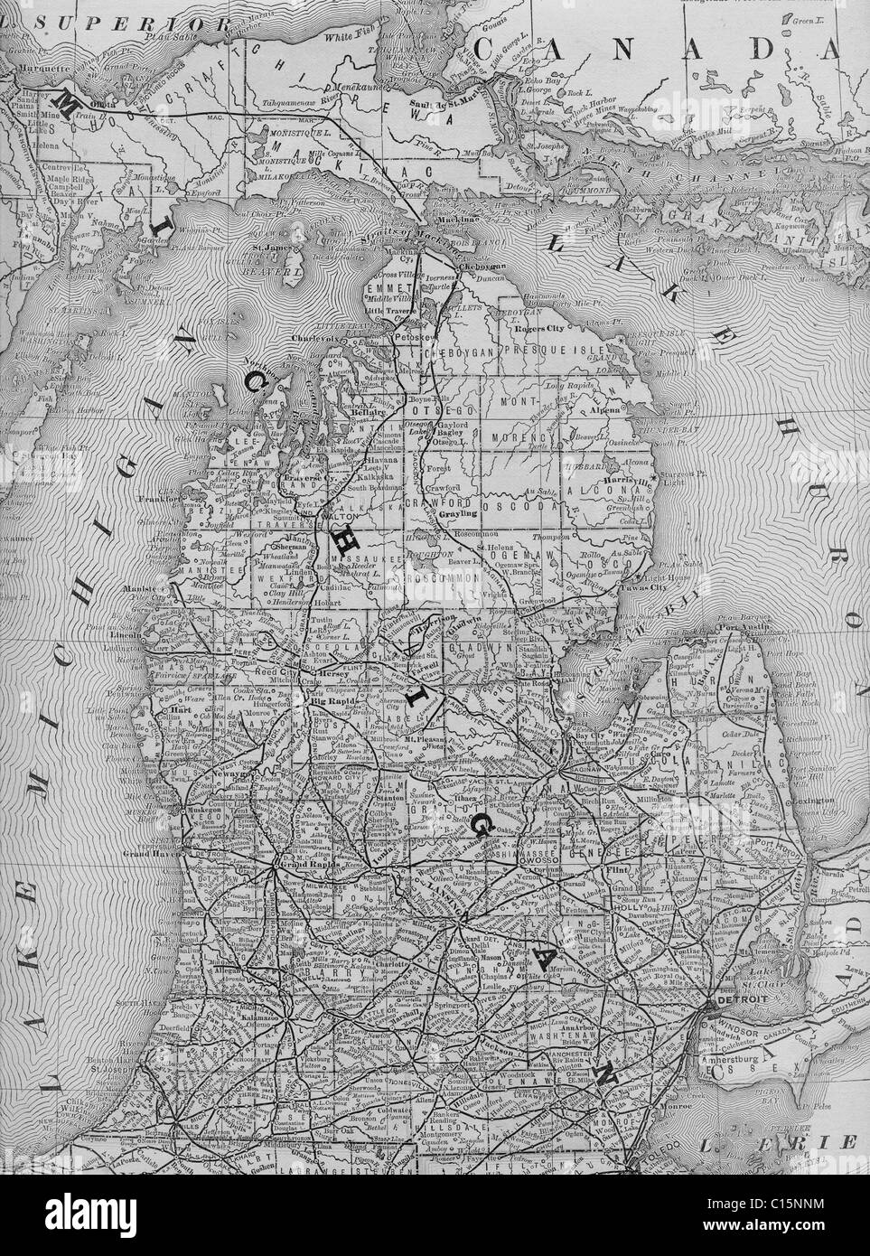 Alte Karte von Michigan aus original Geographie Lehrbuch, 1884 Stockfoto