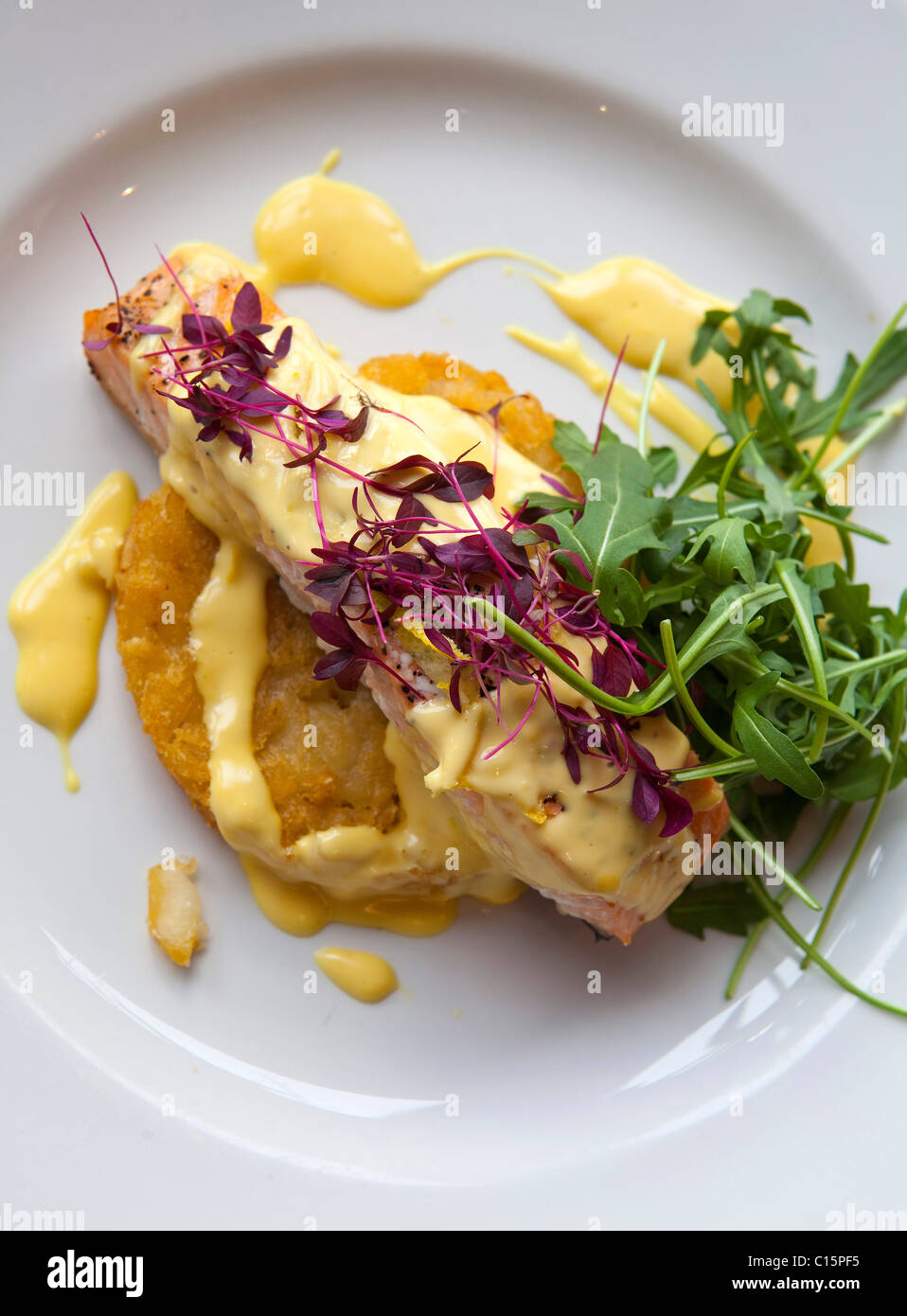 Hauptgang Filet vom Lachs Ofen gebacken gekrönt mit Zitrus-Kruste auf eine  Kartoffel Rösti & "Sauce Hollandaise" 116399 Food serviert Stockfotografie  - Alamy