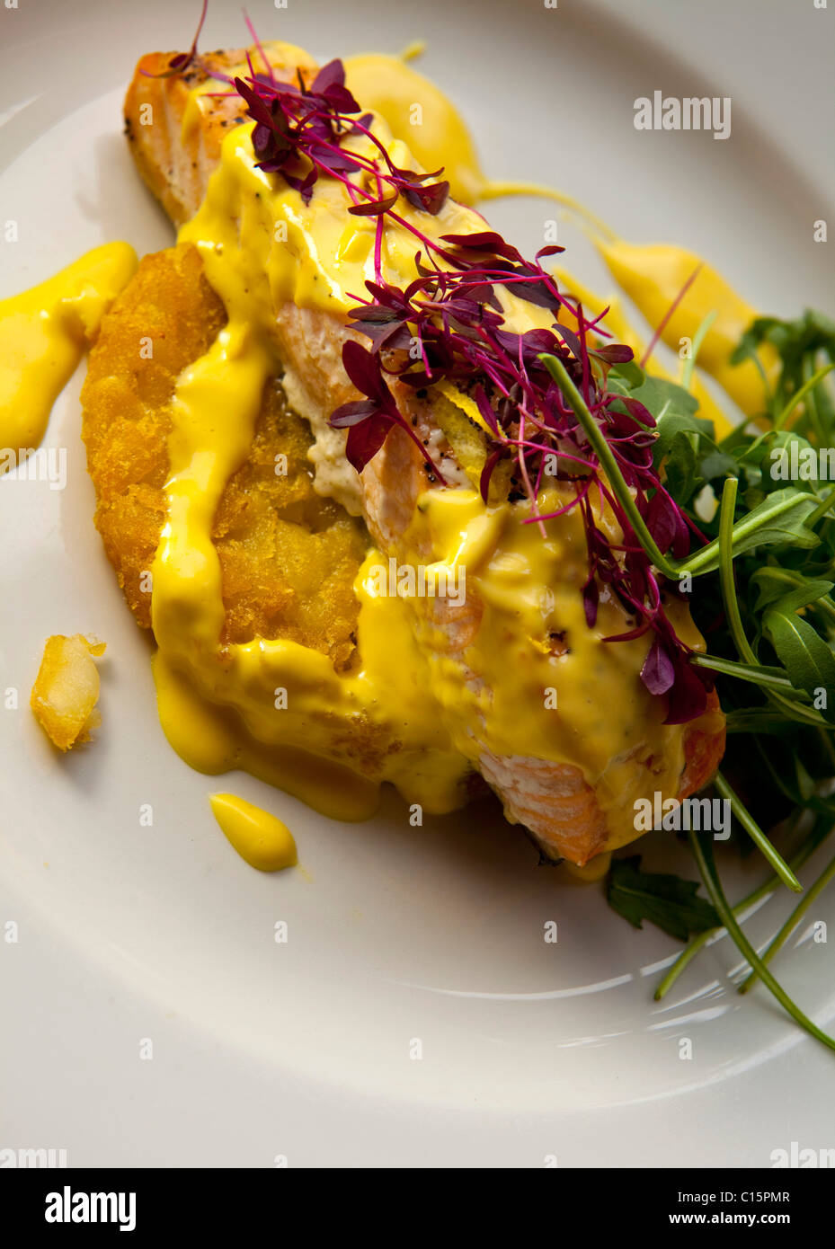 Hauptgang Filet vom Lachs Ofen gebacken mit Zitrus-Kruste auf eine  Kartoffel Rösti & "Sauce Hollandaise" 116401 Food serviert Stockfotografie  - Alamy