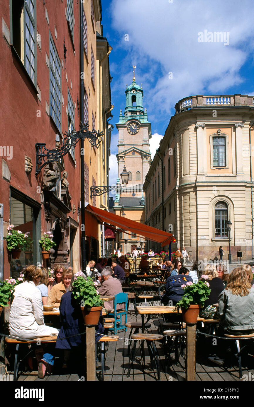 Straßencafé im historischen Zentrum der Stortorget, Gamla Stan, Stockholm, Schweden, Skandinavien Stockfoto