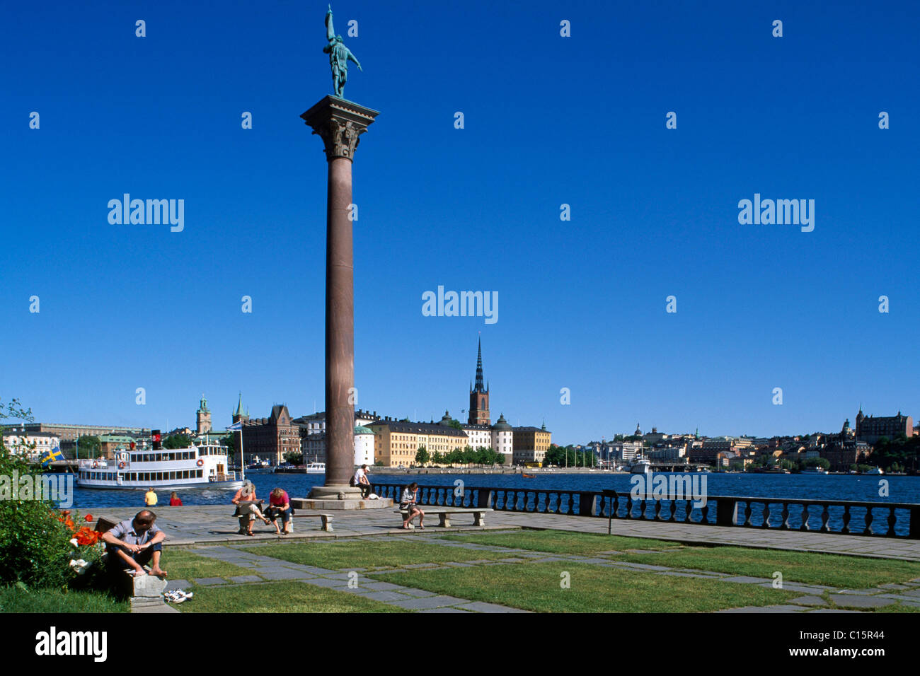 Spalte, Rathaus in Hintergrund, Riddarholmen, Stockholm, Schweden, Skandinavien Stockfoto