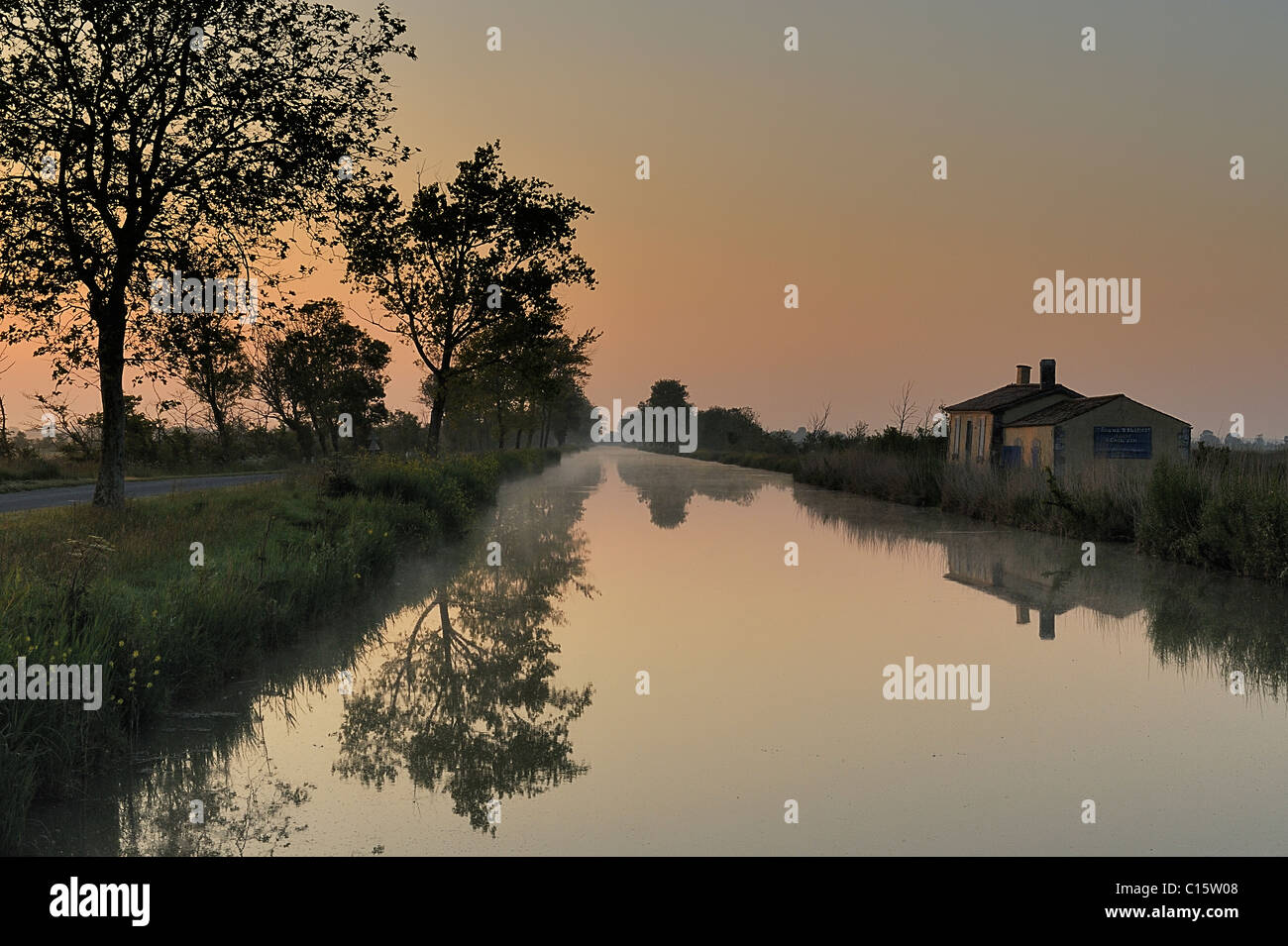 Reflexionen der Bäume im Wasser in Beaugeay Sümpfen bei Sonnenaufgang, Charente Maritime Abteilung, westlich von Frankreich Stockfoto