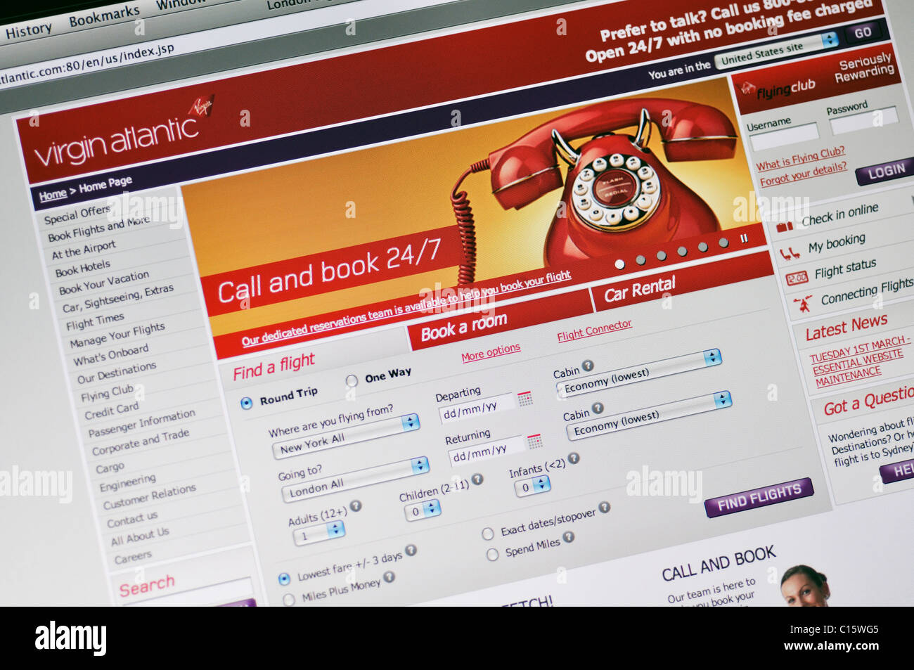 Virgin Atlantic website Stockfoto