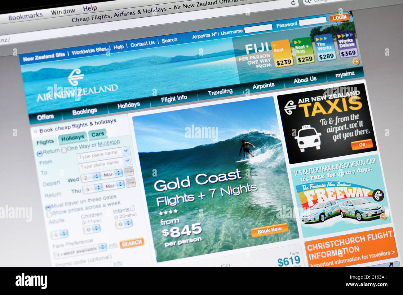 Website für Air New Zealand Airlines Stockfoto