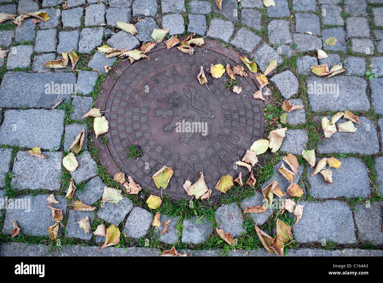 Ein Schachtdeckel in Prag, Tschechische Republik, zeigt das Wappen (Löwe mit zwei Schwänzen) Stockfoto