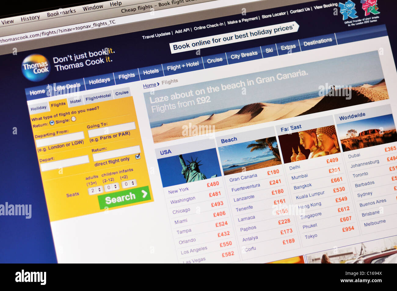 Thomas Cook Reise-website Stockfoto