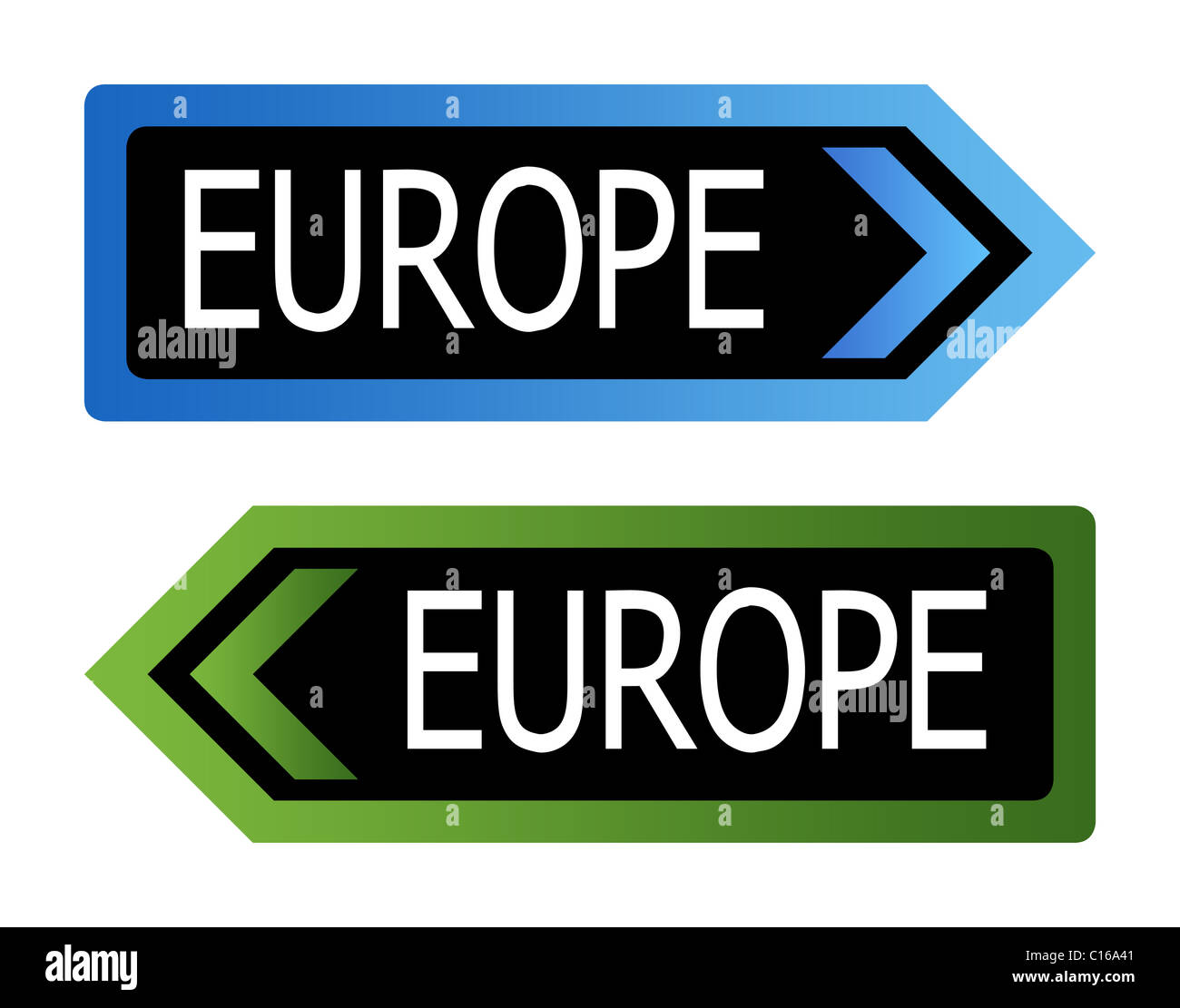 Zwei direktionale Europäische Verkehrszeichen isolierten auf weißen Hintergrund. Stockfoto
