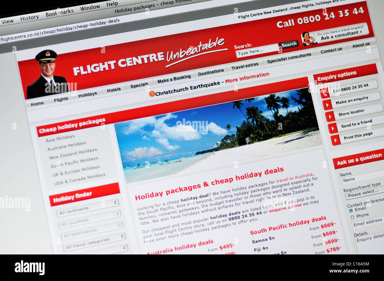 Flug-Center Website-Reisen Schnäppchen, befasst sich heiß, Buchung, Flug und Hotel Buchungen, Kreuzfahrten und Pauschalreisen Stockfoto