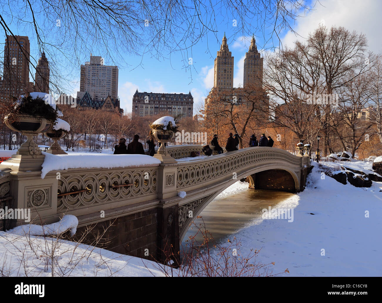 New York City Manhattan Central Park Panorama im Winter mit Eis und Schnee über See mit Brücke, Wolkenkratzer und blau bewölktem Himmel Stockfoto