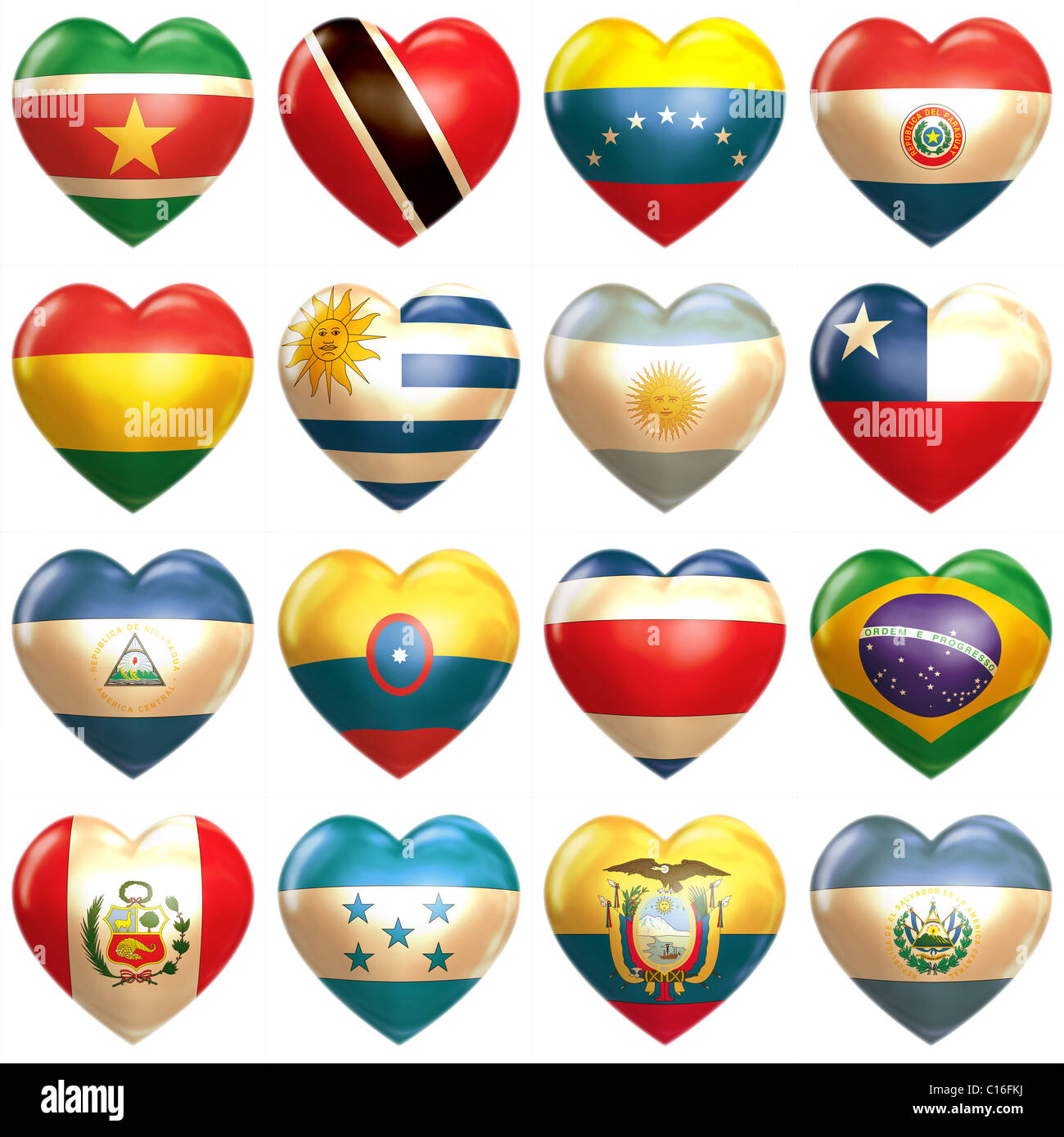 South American Herzen Satz isoliert auf weiss Stockfoto