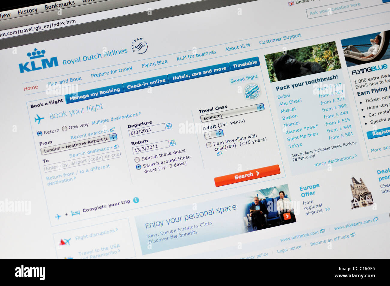 KLM Royal Dutch Airlines Webseite Stockfoto