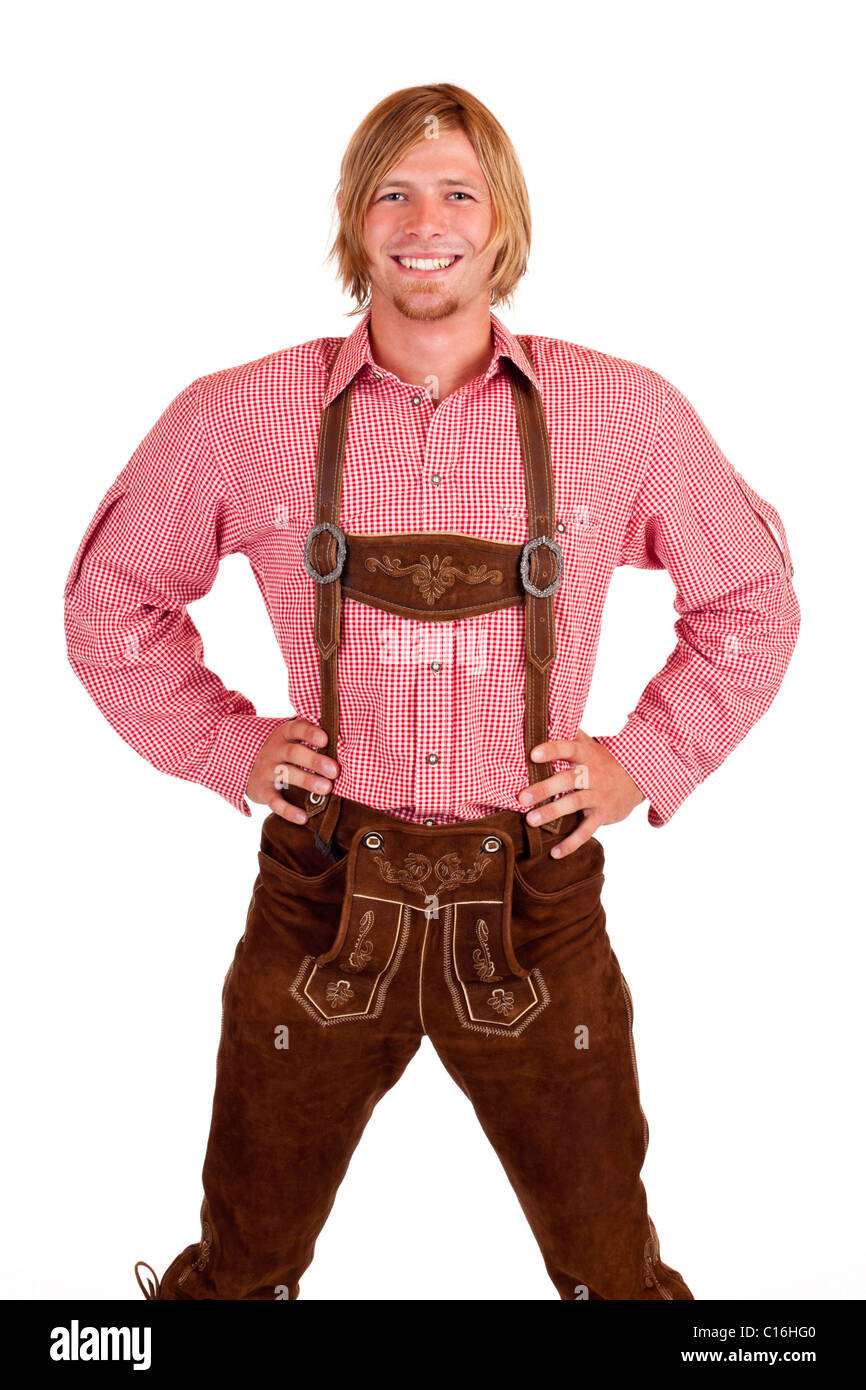 Glücklich stolzer Mann mit Oktoberfest Lederhosen (Lederhose) Stockfoto