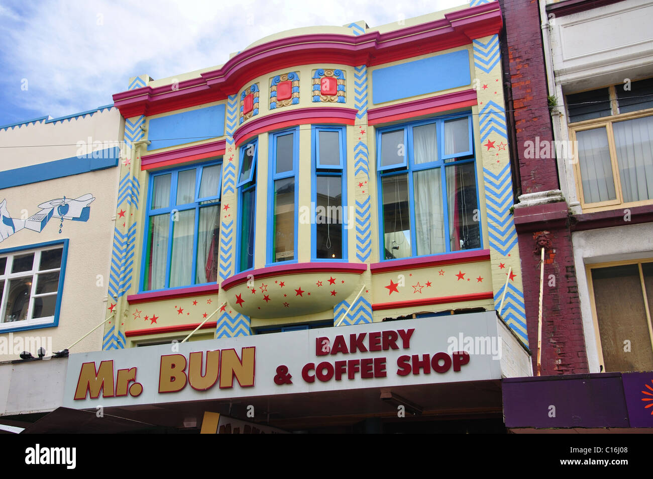 Herr Brötchen Bäckerei Fassade, Region Cuba Street, Wellington, Wellington, Nordinsel, Neuseeland Stockfoto