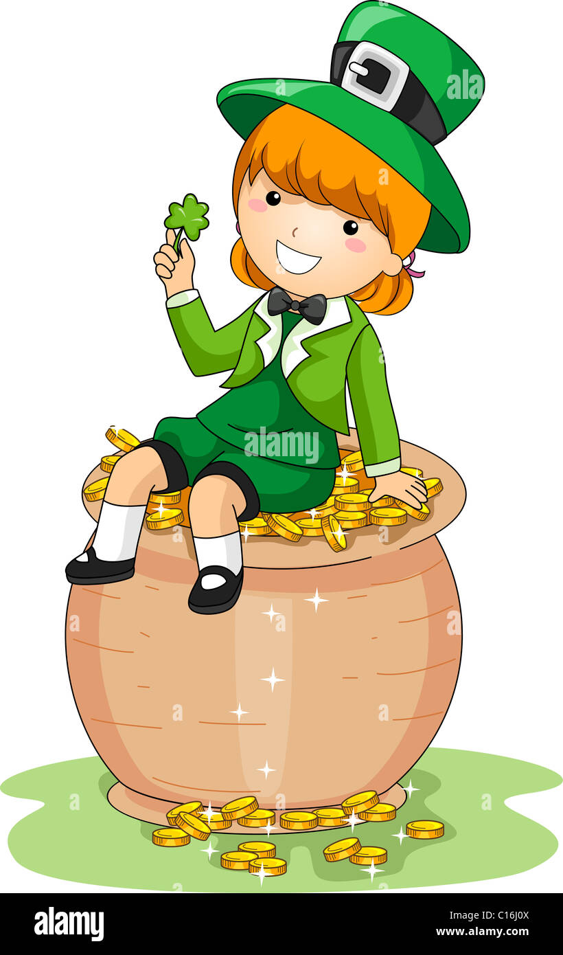 Beispiel für ein Mädchen sitzt auf einem Topf voll Gold Stockfoto