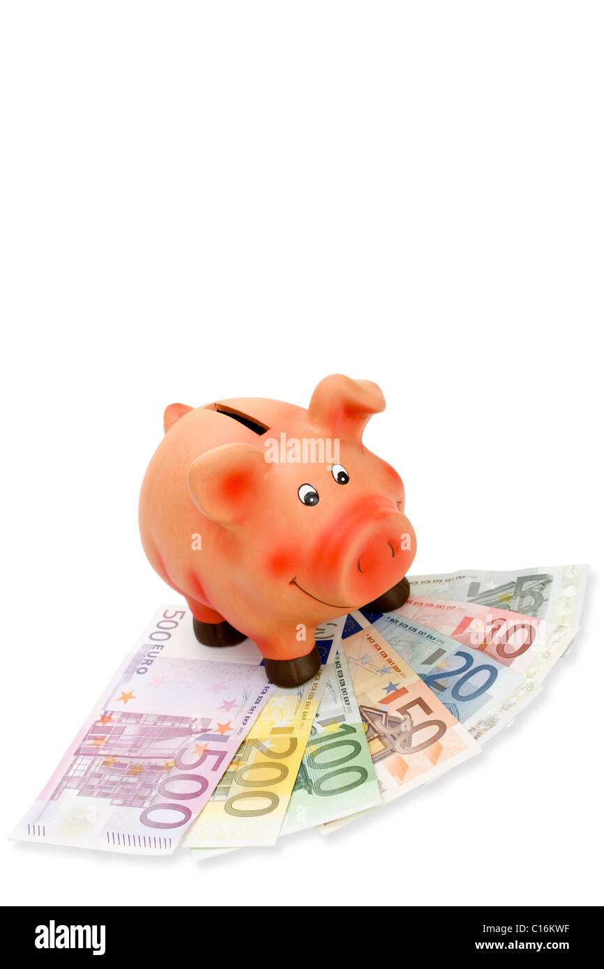 Sparschwein auf aufgefächert Banknoten Stockfoto