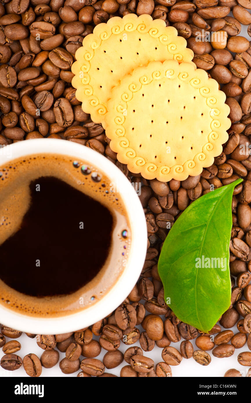 Kaffee Bohnen, grüne Blatt der Kaffeepflanze mit Keksen und Kaffee. Bohnen im Fokus Stockfoto