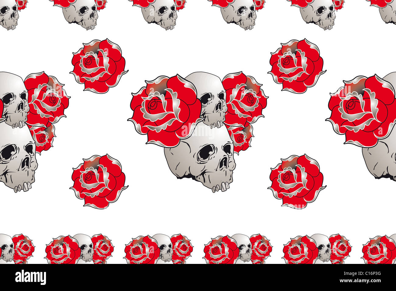 nahtlose Stoffmuster mit Totenköpfen und rote Rosen Stockfoto