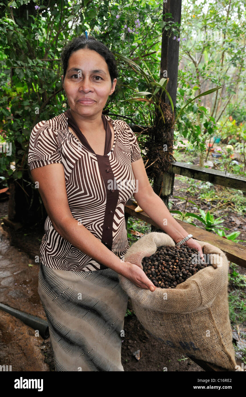 Bäuerin mit Kaffeebohnen, Miraflor-Moropotente Nature Reserve, Esteli, Nicaragua, Mittelamerika Stockfoto
