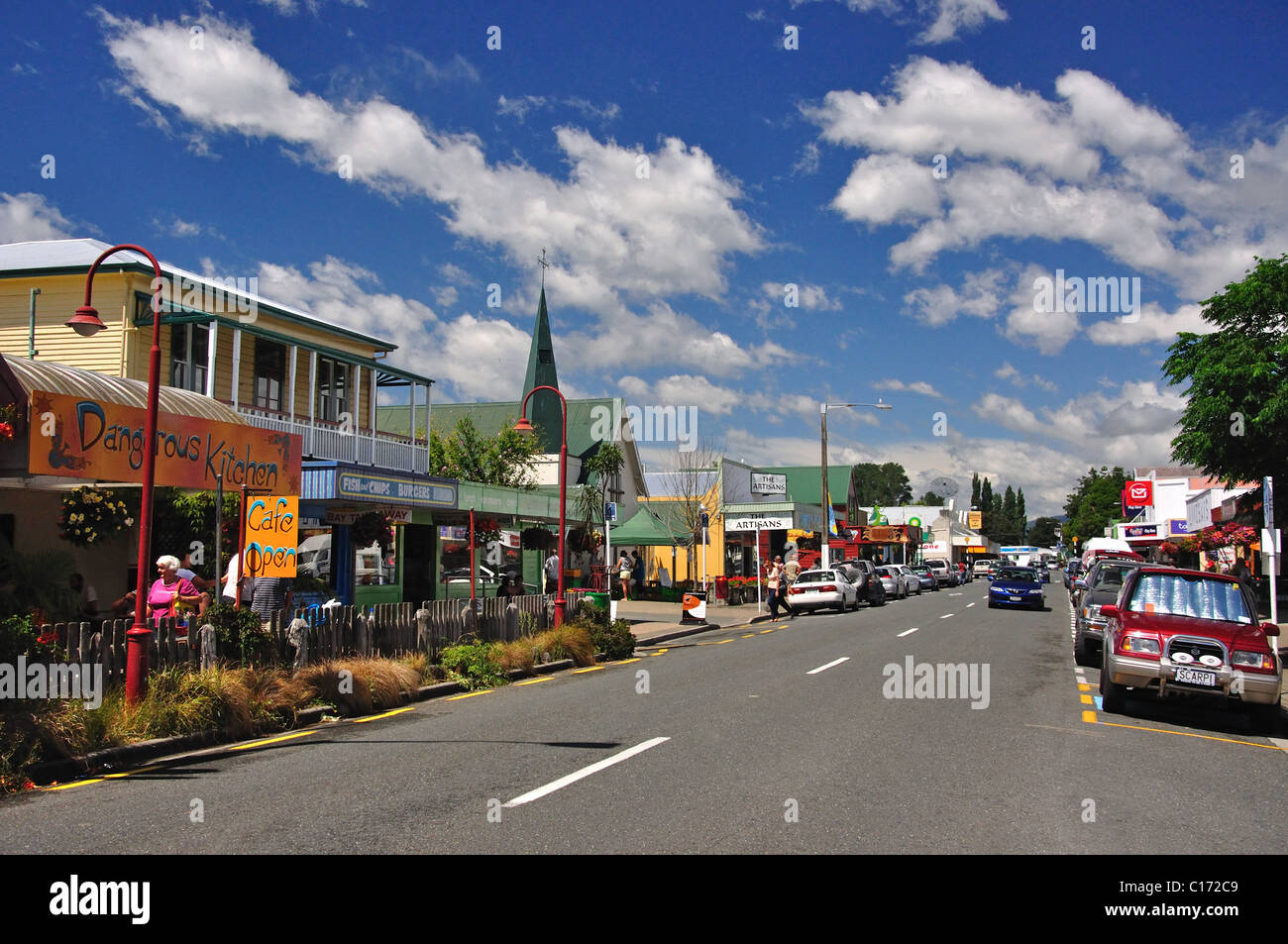 Einkaufsstraße, Takaka, Nelson Region, Südinsel, Neuseeland Stockfoto