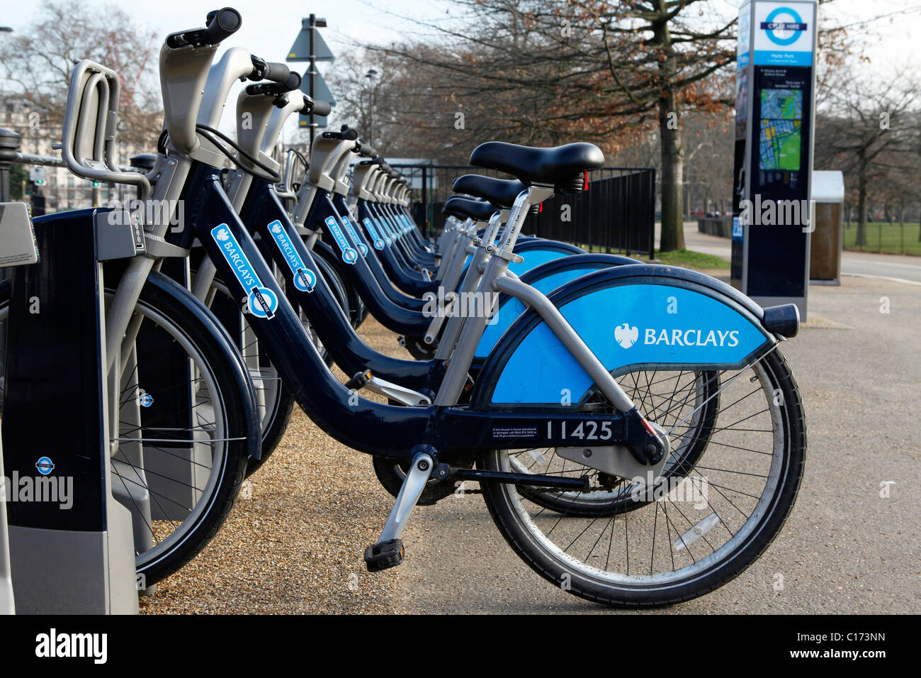 Fahrräder zu mieten im Rahmen des Londoner Barclays Cycle Hire. Stockfoto
