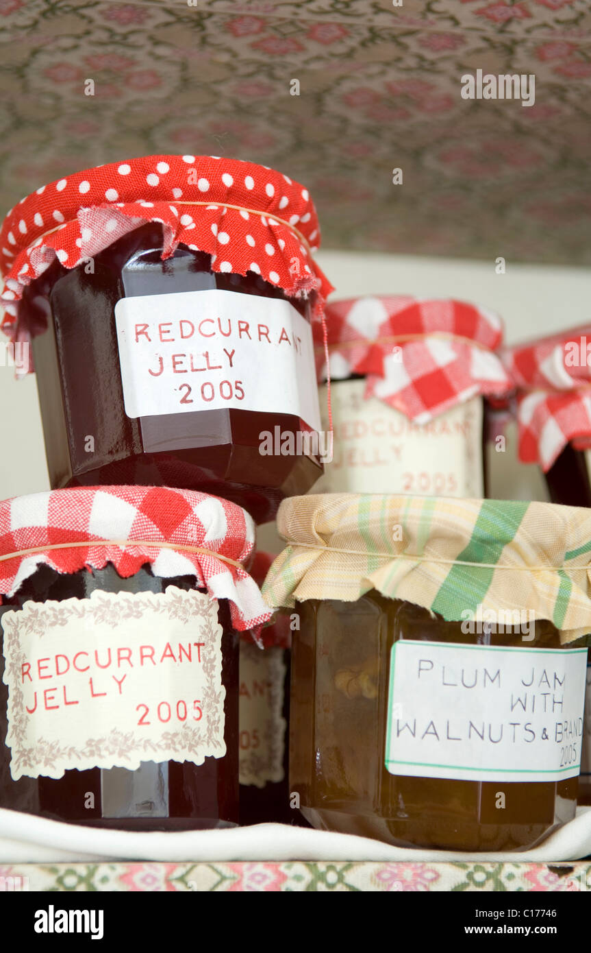 Gläser von hausgemachte Marmeladen und Gelees mit gemustertem Stoff und Etiketten Stockfoto
