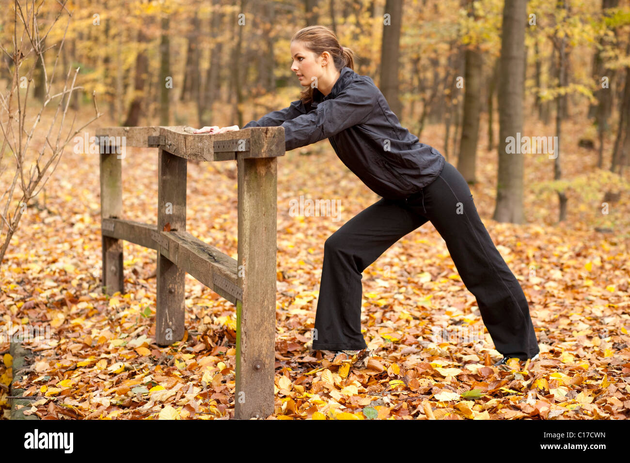 Junge dunkelhaarige Frau beim Fitness-Training in einem herbstlichen Wald Stockfoto