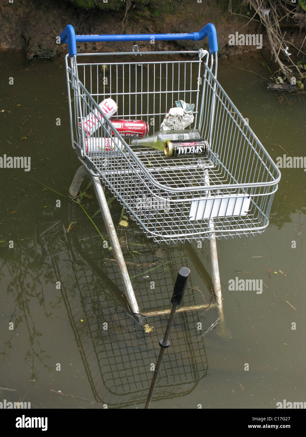 Einkaufswagen entsorgt in stream Stockfoto