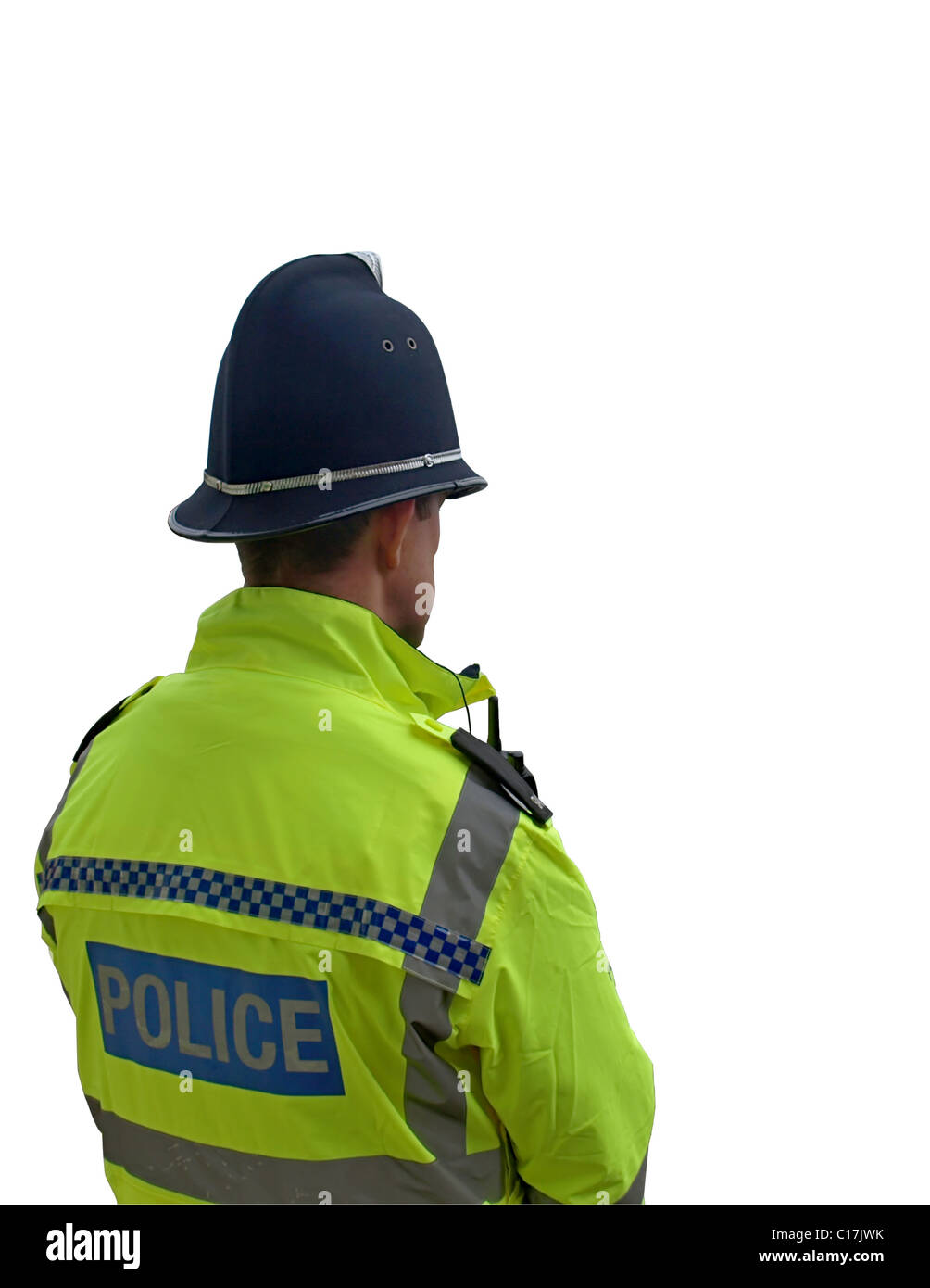 Ein britischer Polizist auf Streife - isoliert auf weißem Hintergrund Stockfoto