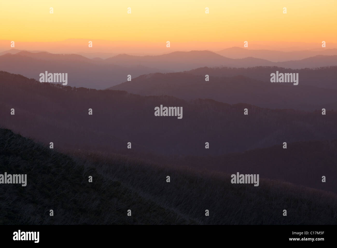 Grate von den australischen Alpen bei Sonnenuntergang vom Alpine National Park, Victoria, Australien (von Razor Back Ridge) Stockfoto