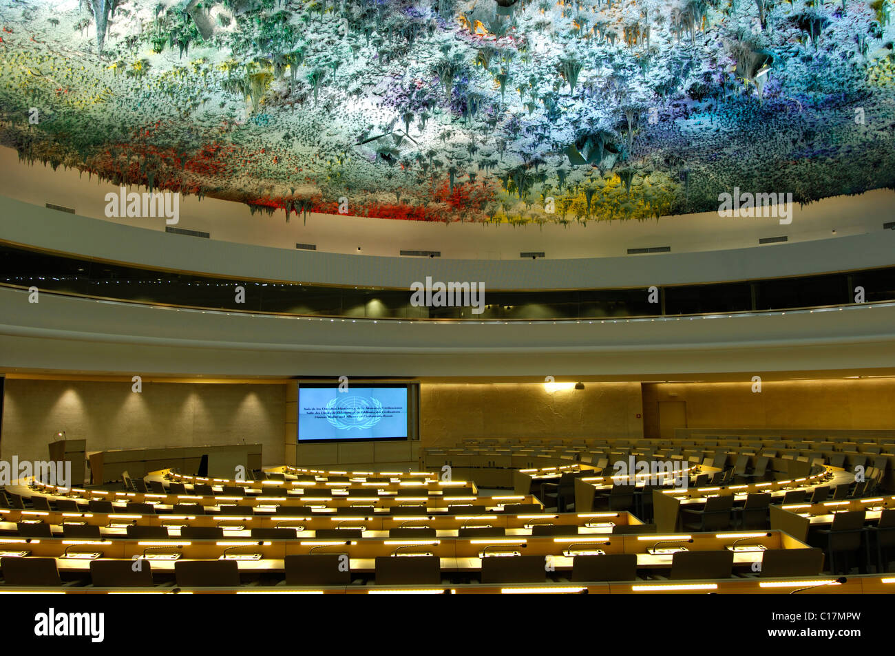 Gewölbte Decke in die Menschenrechte und die Allianz der Zivilisationen Raum im Palais des Nations, Decke, entworfen von Miquel Stockfoto