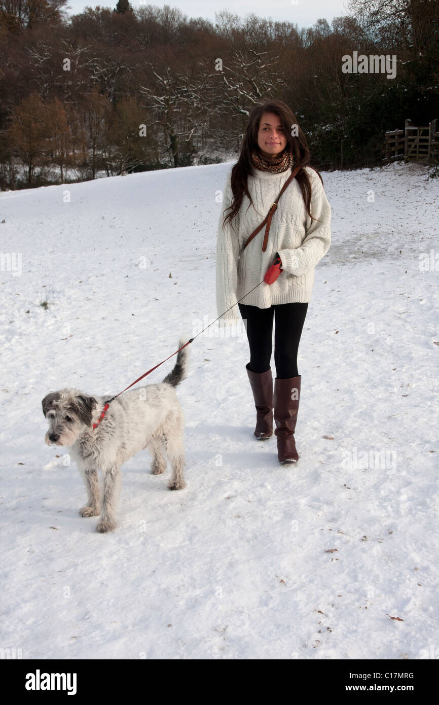 junge Frau zu Fuß Hund im Schnee Stockfoto