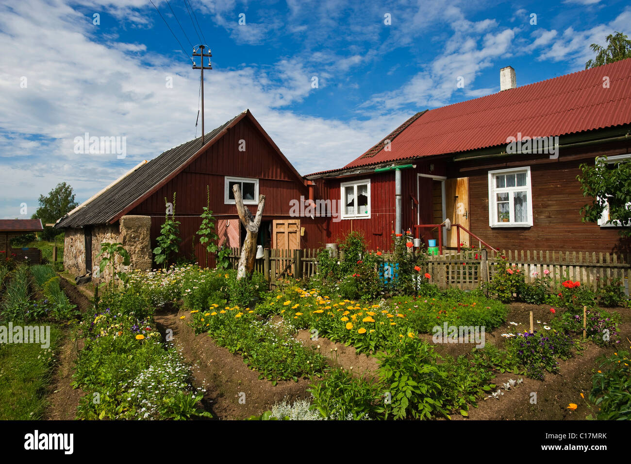Typisches Landhaus mit Bauer Garten, Peipussee, Peipsu Jaerv, Estland, Baltikum, Nordosteuropa Stockfoto