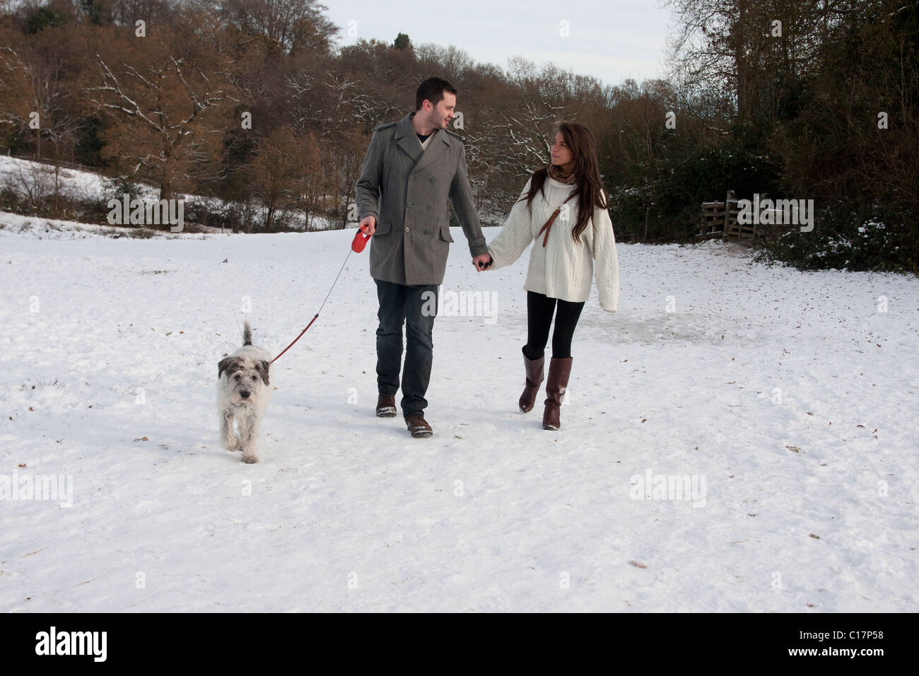 junges Paar walking Hund im Schnee Stockfoto