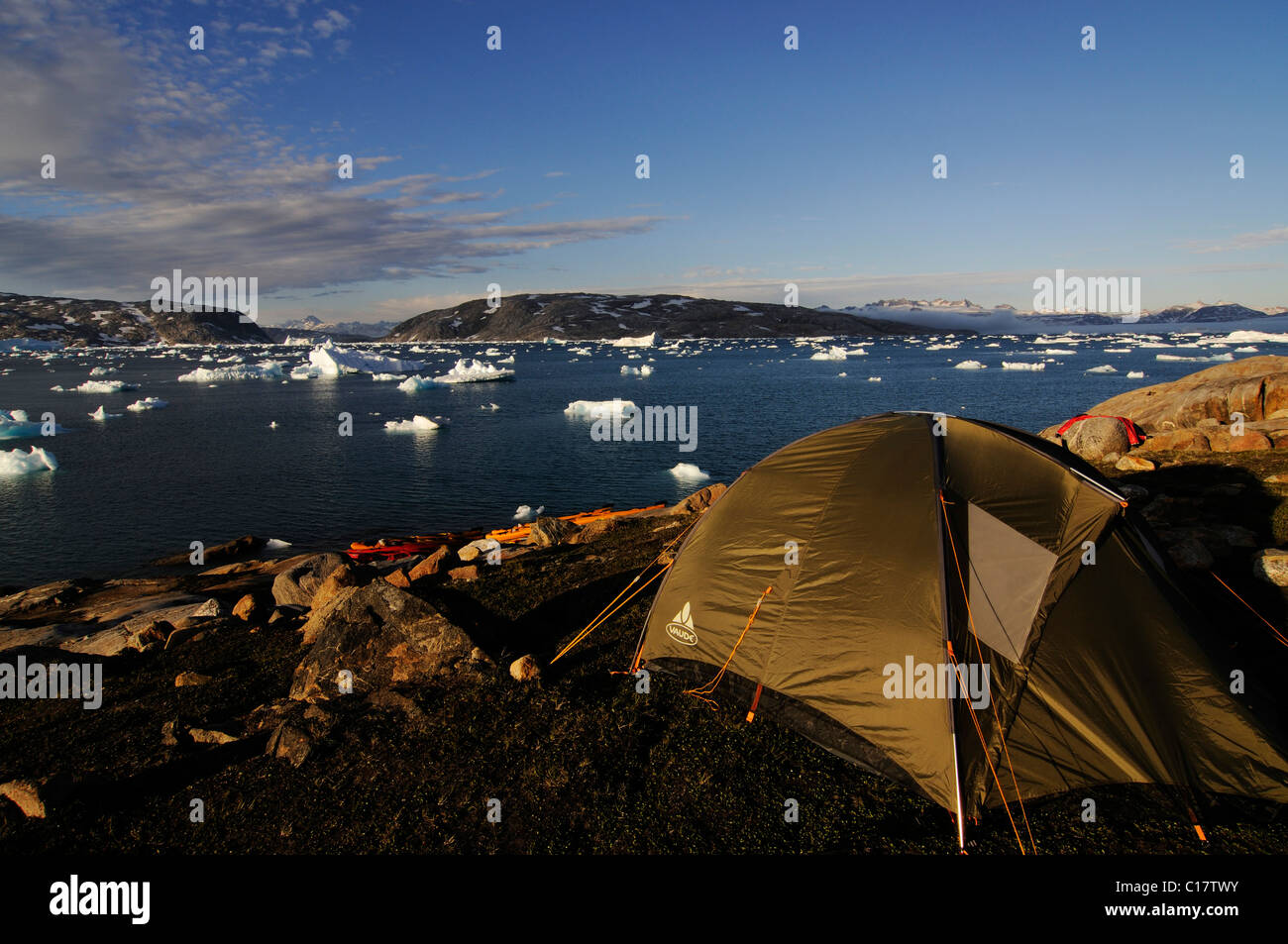 Zelten in den Johan Petersen Fjord, Ost-Grönland, Grönland Stockfoto