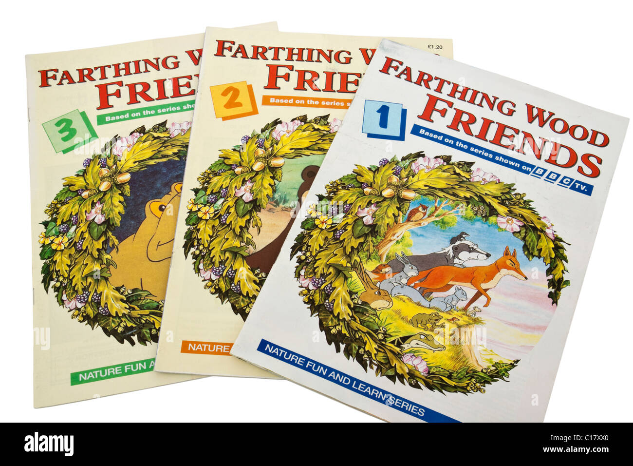 Zunächst 3 Ausgaben des Magazins "Farthing Wood Freunde" Kinder aus den 1990er Jahren Stockfoto
