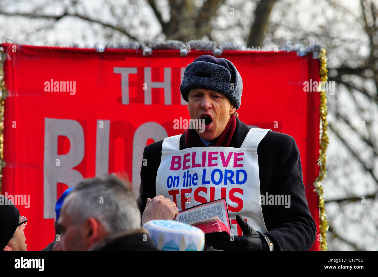 Redner bei Speakers Corner im Hyde Park, London Stockfoto
