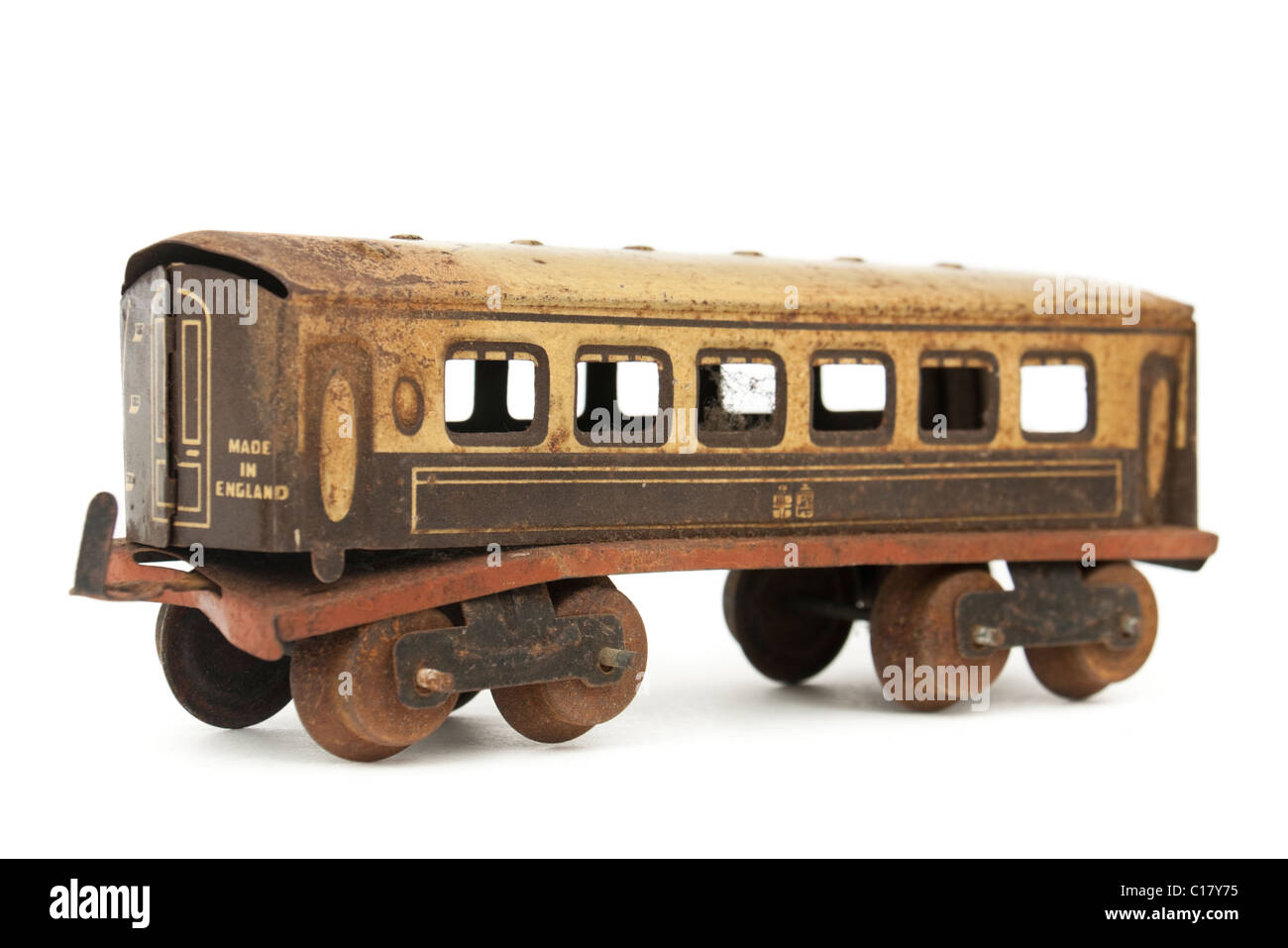 Frühe Weißblech O-Gauge 3-Leiter-Modell Eisenbahn-Personenwagen Stockfoto