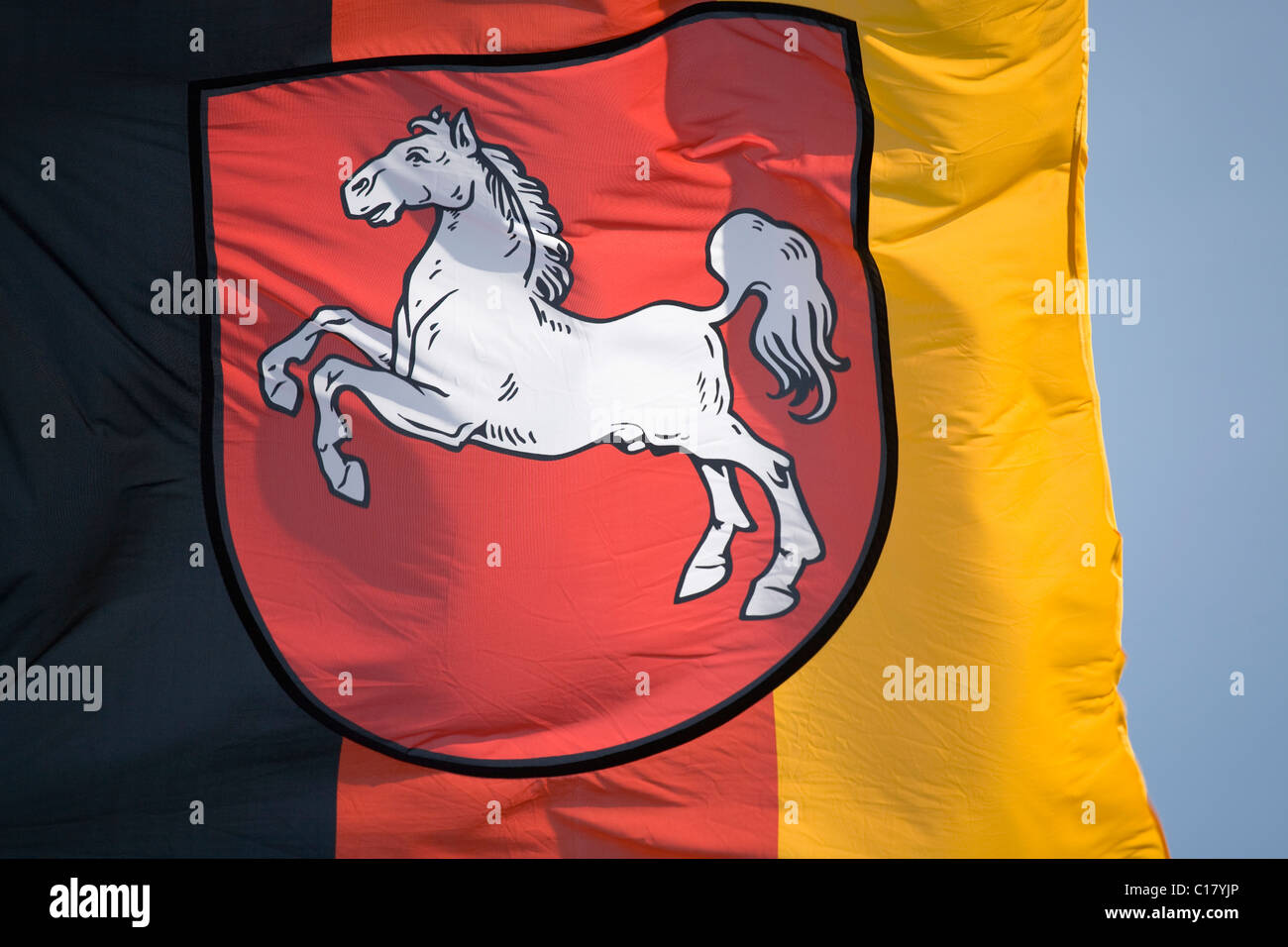 Deutsche Flagge mit dem Niedersachsen-Pferd, der Hannoveraner Stockfoto