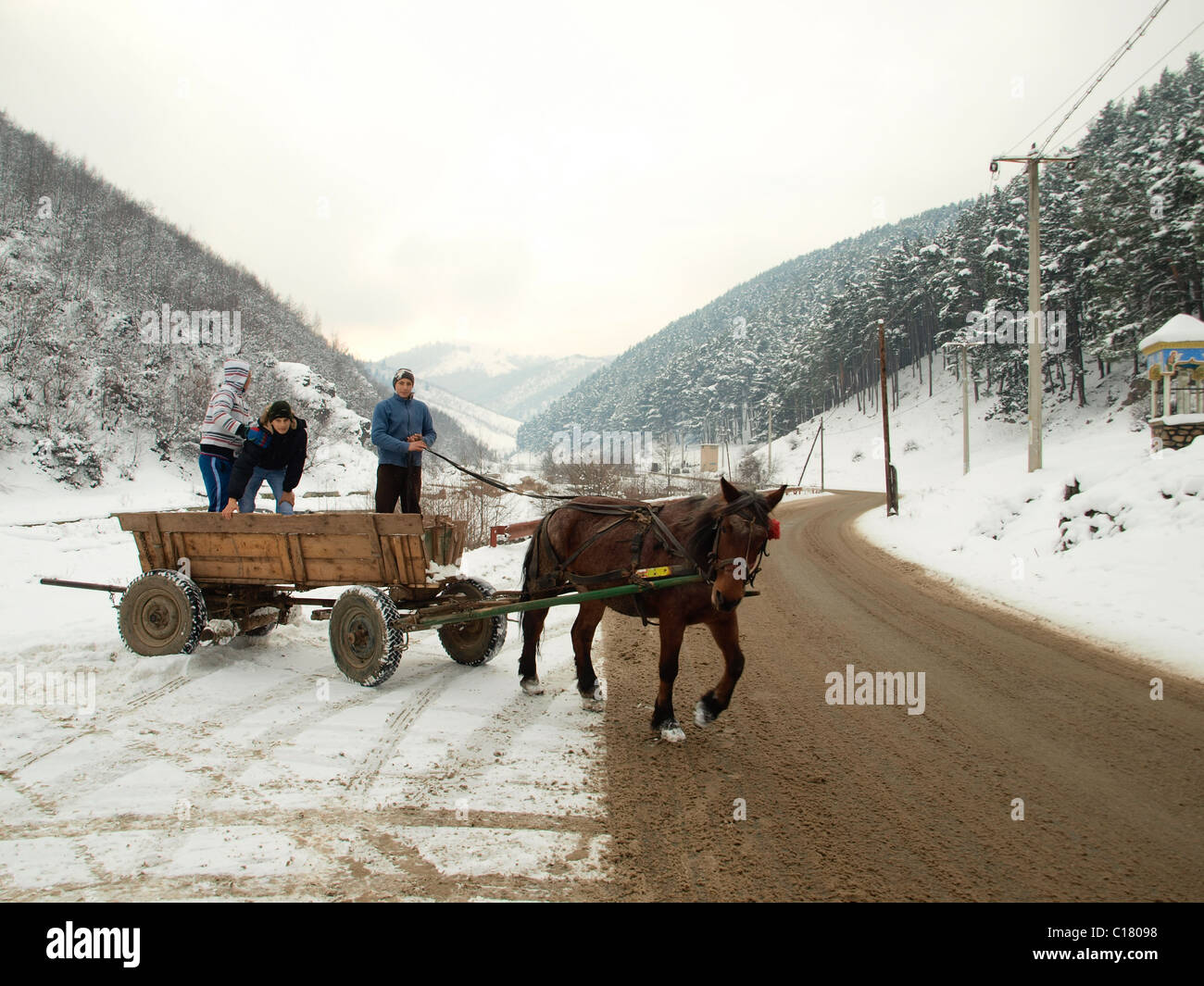 Pferdewagen, Winter-Rumänien. Stockfoto