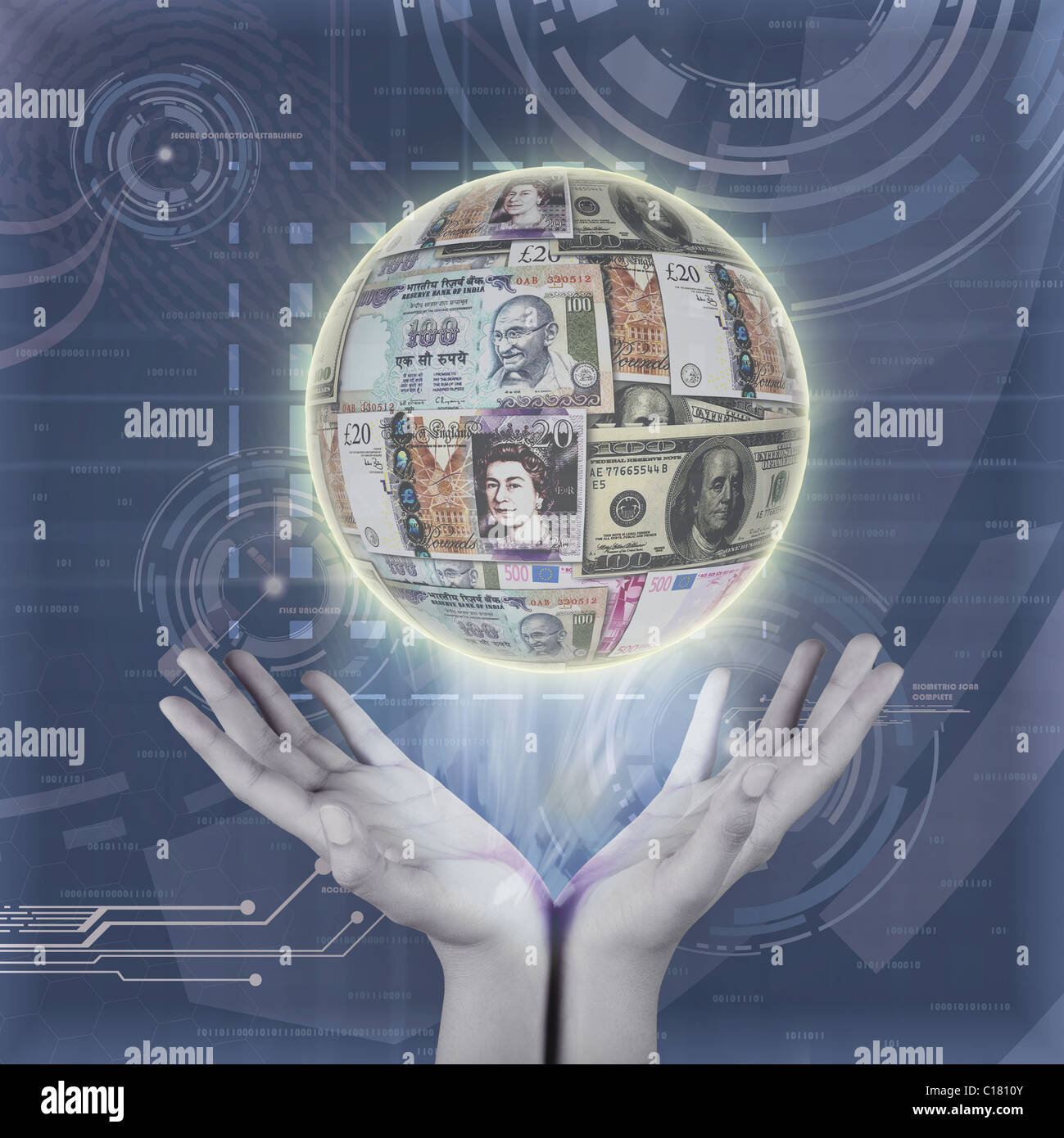 Menschliche Hand greift den Globus gemacht von Banknoten Stockfoto