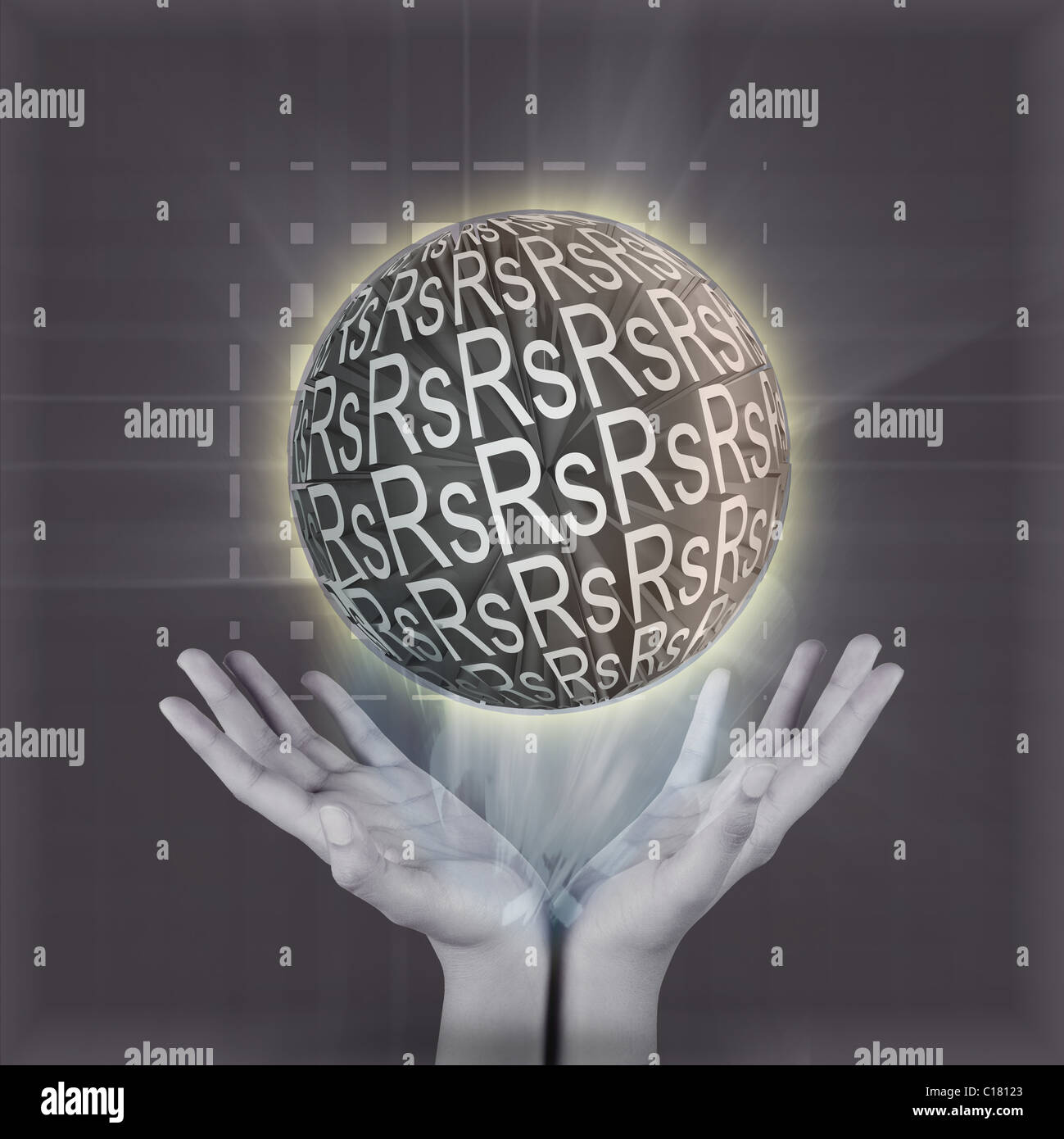 Menschliche Hand greift den Globus mit Rupie-Zeichen Stockfoto