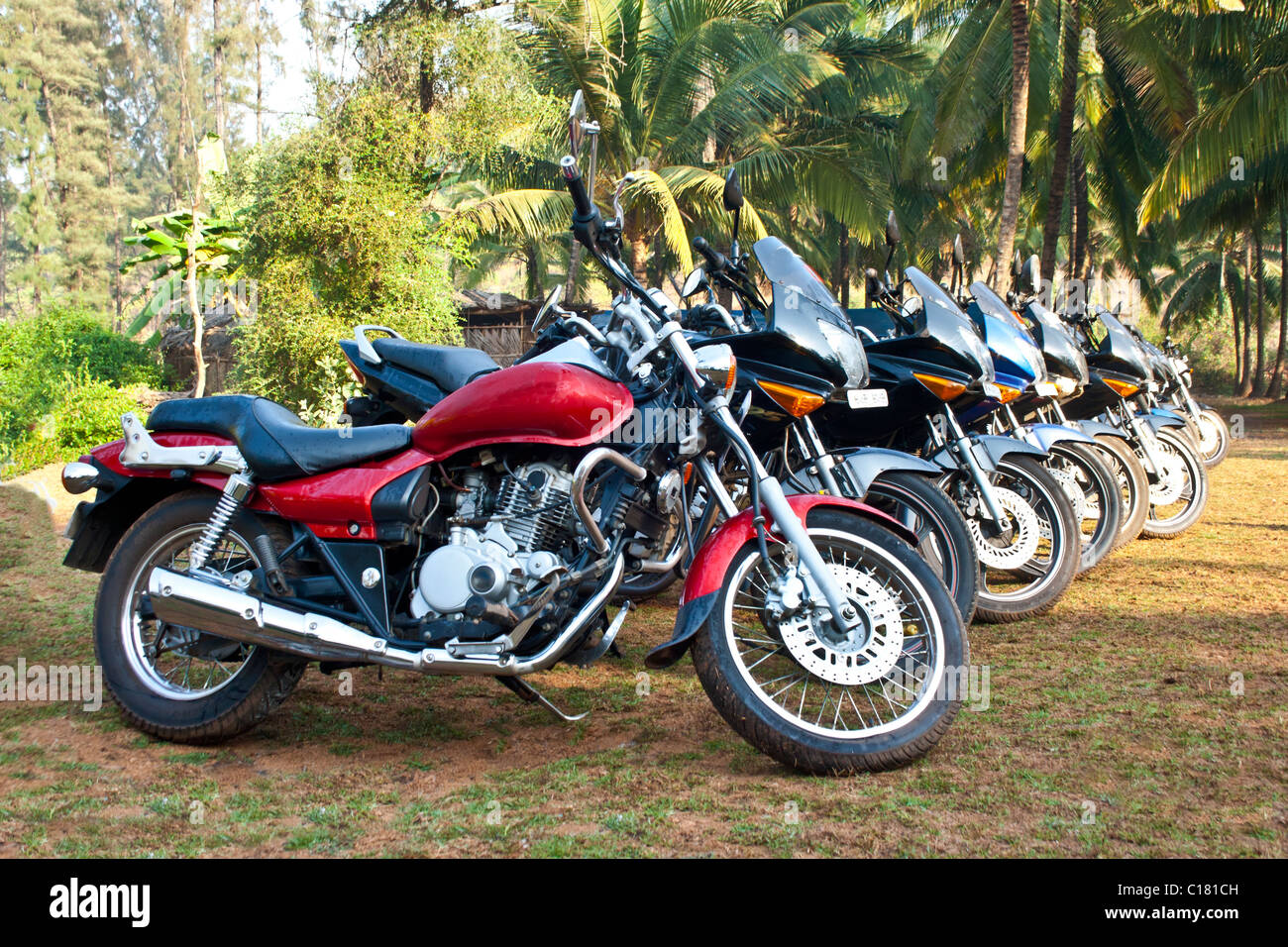 Motorrad Line-up an einen Wochenend-Trip Stockfoto