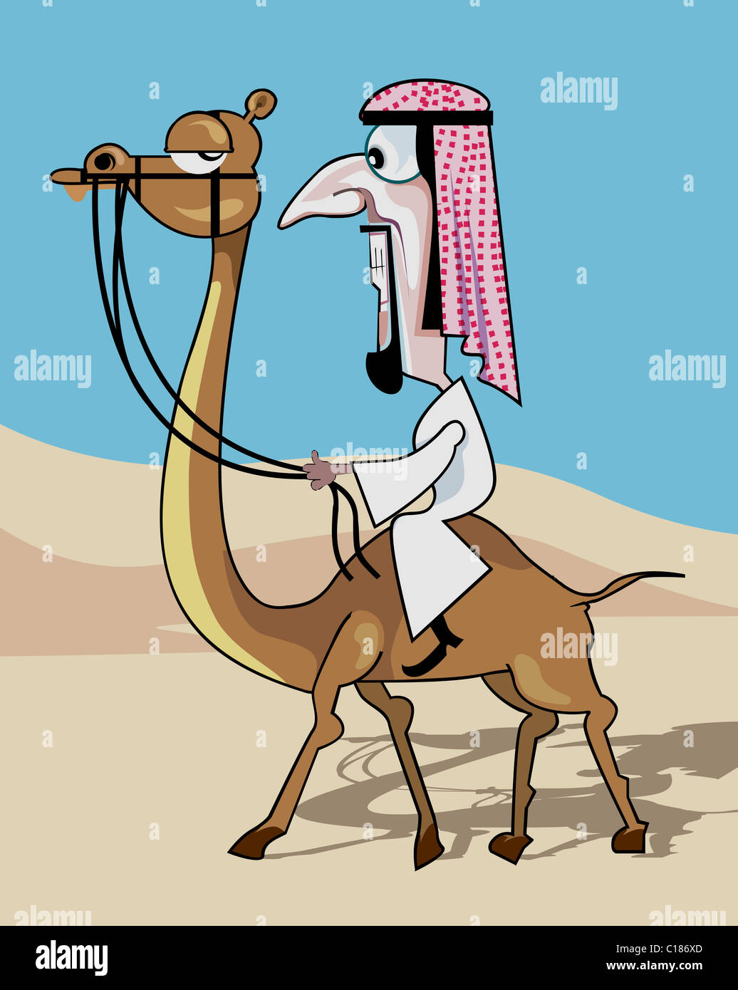ein arabischer Mann auf einem Kamel unterwegs Stockfoto