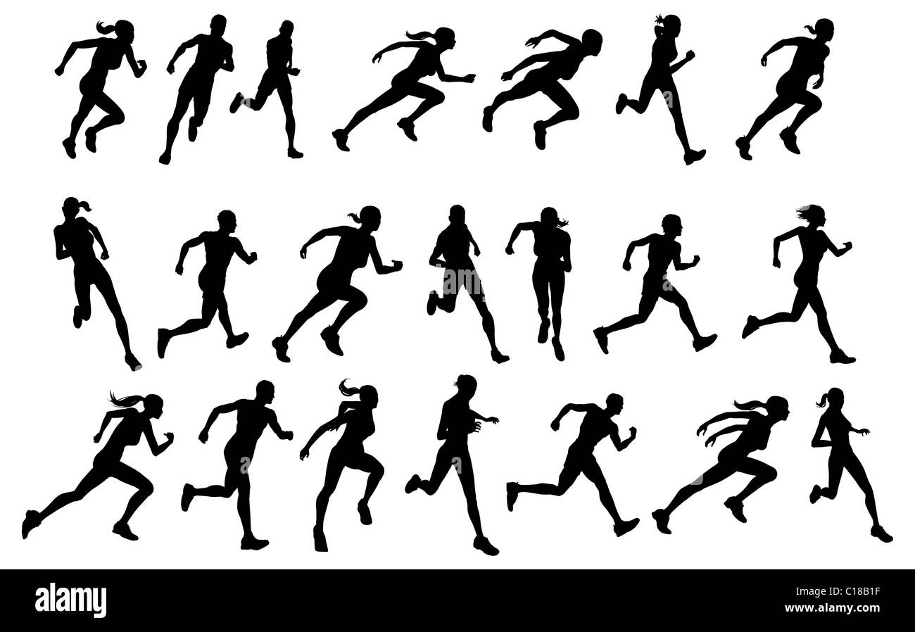 Satz von Silhouetten von sportlich aussehende männliche und weibliche Läufer laufen Stockfoto
