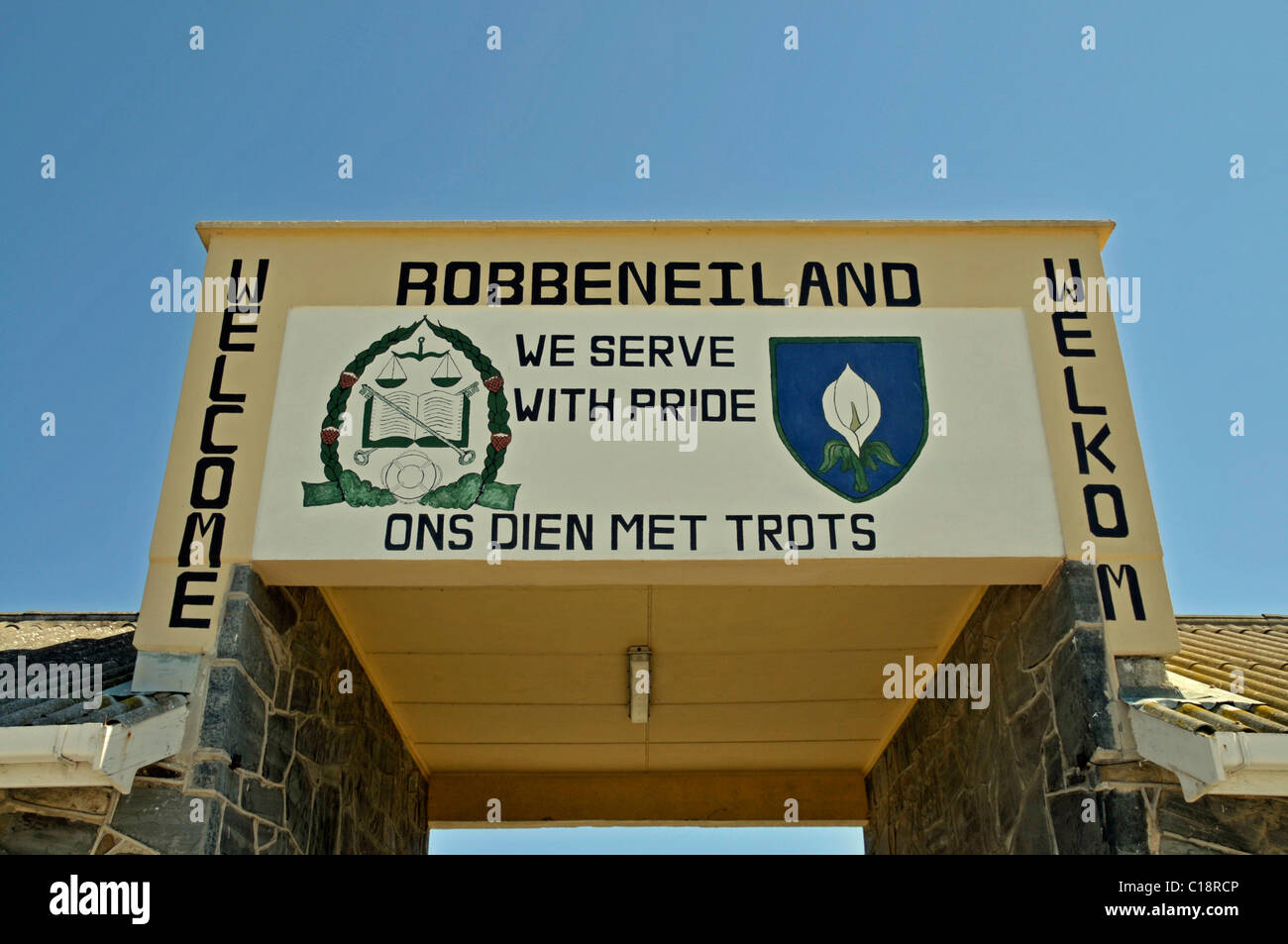 Willkommens-Schild zu Robben Island, die ehemalige Gefängnis Insel, Cape Town, Südafrika, Afrika Stockfoto