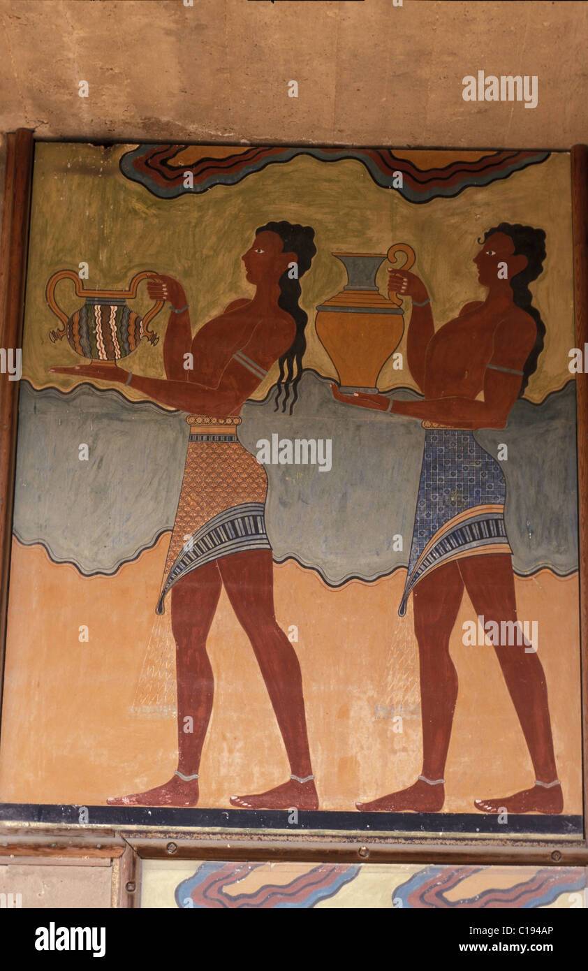 Griechenland, Kreta, minoische Ausgrabungsstätte von Knossos, Fresken von King Minos Palace Stockfoto